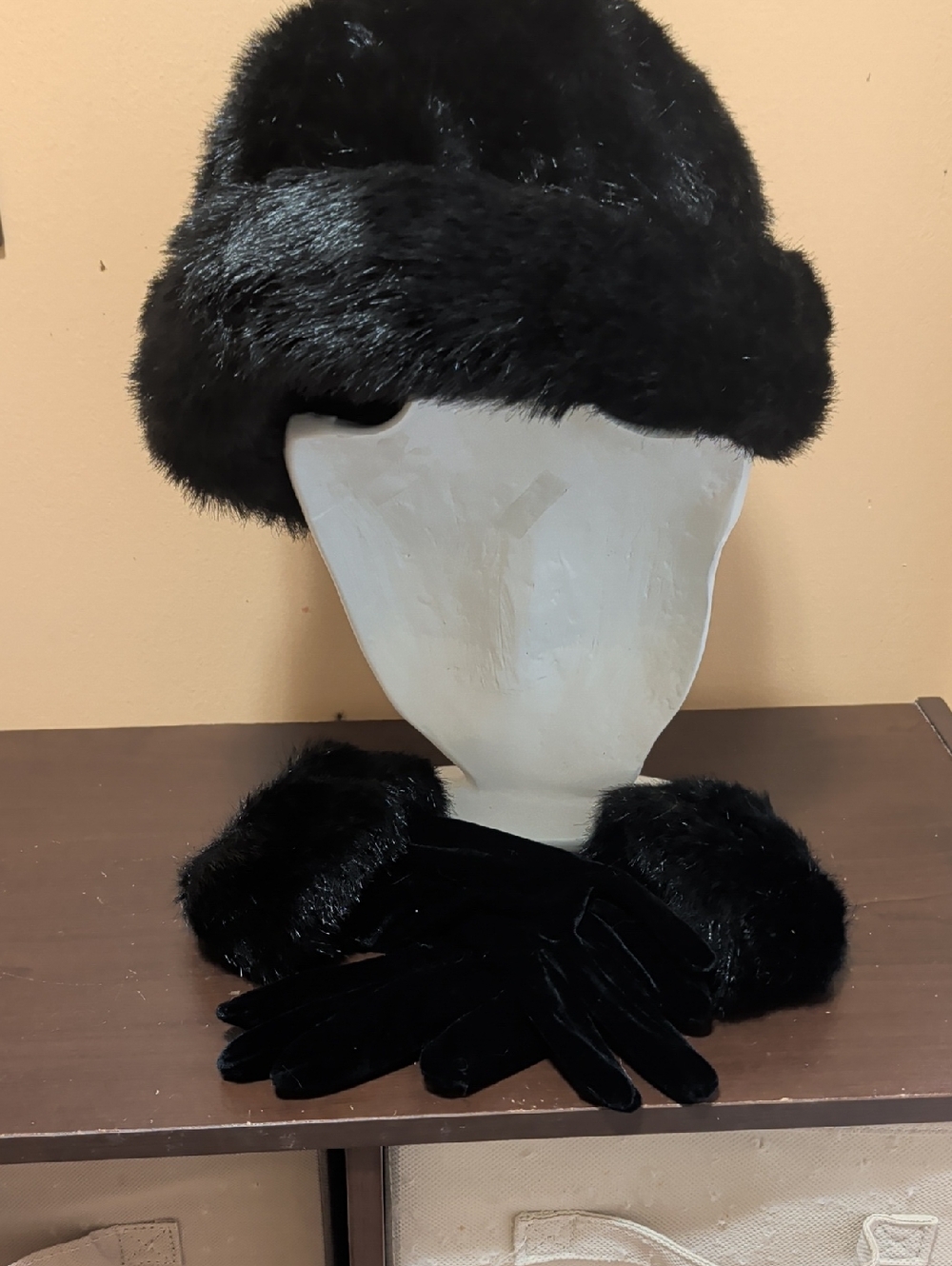 Black Faux Fur Hat and Glove Set - Classic Winter Accessories